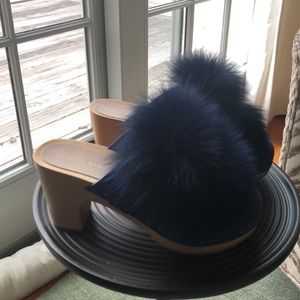 New Loeffler Randall Sz 6 Clog, Navy Suede Fox Fur